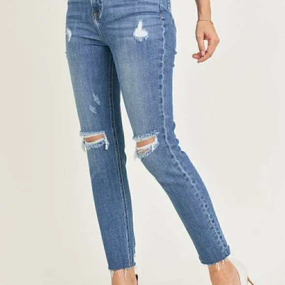 High Rise Medium Wash Relaxed Fit Distressed Skinny Jean - Picture 3 of 9